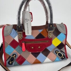 HESHE WOMENS Multicolor Leather Patchwork Zip Close Shoulder Bag Purse NEW